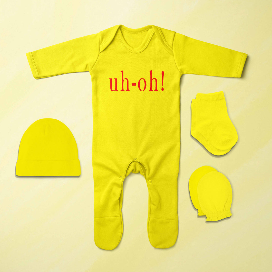 Uh Oh Minimal Jumpsuit with Cap, Mittens and Booties Romper Set for Baby Boy - KidsFashionVilla