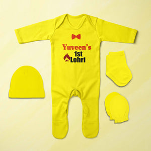 Custom Name First Lohri Jumpsuit with Cap, Mittens and Booties Romper Set for Baby Boy - KidsFashionVilla