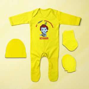 Custom Name First Janmashtami Jumpsuit with Cap, Mittens and Booties Romper Set for Baby Boy - KidsFashionVilla