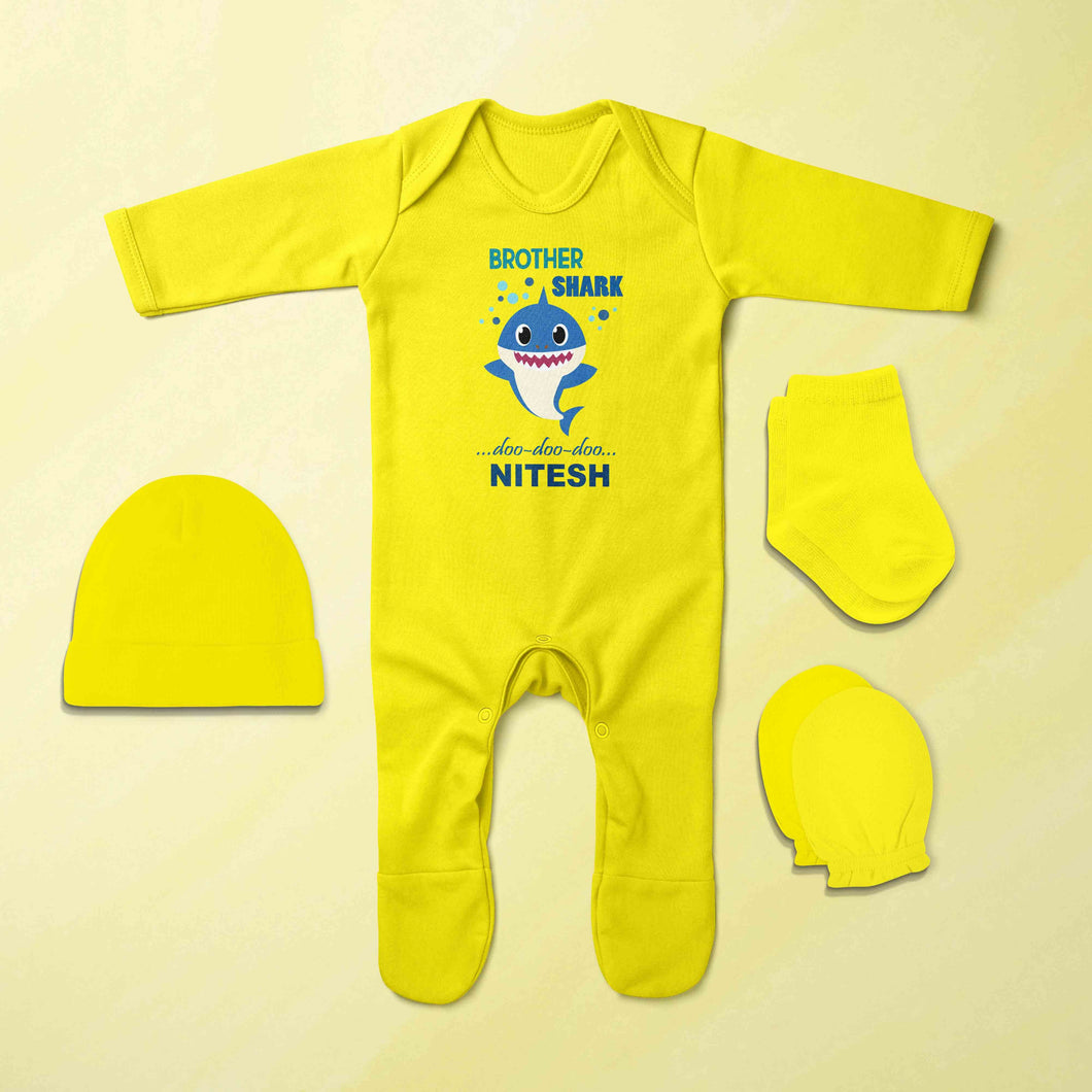 Custom Name Brother Shark Doo Doo Doo Rakhi Jumpsuit with Cap, Mittens and Booties Romper Set for Baby Boy - KidsFashionVilla