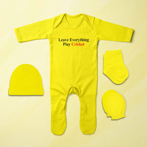 Leave Everything Play Cricket Quotes Jumpsuit with Cap, Mittens and Booties Romper Set for Baby Boy - KidsFashionVilla