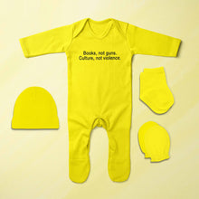 Load image into Gallery viewer, Books Not Gun Minimal Jumpsuit with Cap, Mittens and Booties Romper Set for Baby Boy - KidsFashionVilla
