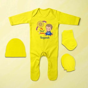 Custom Name My First Rakhi Jumpsuit with Cap, Mittens and Booties Romper Set for Baby Boy - KidsFashionVilla