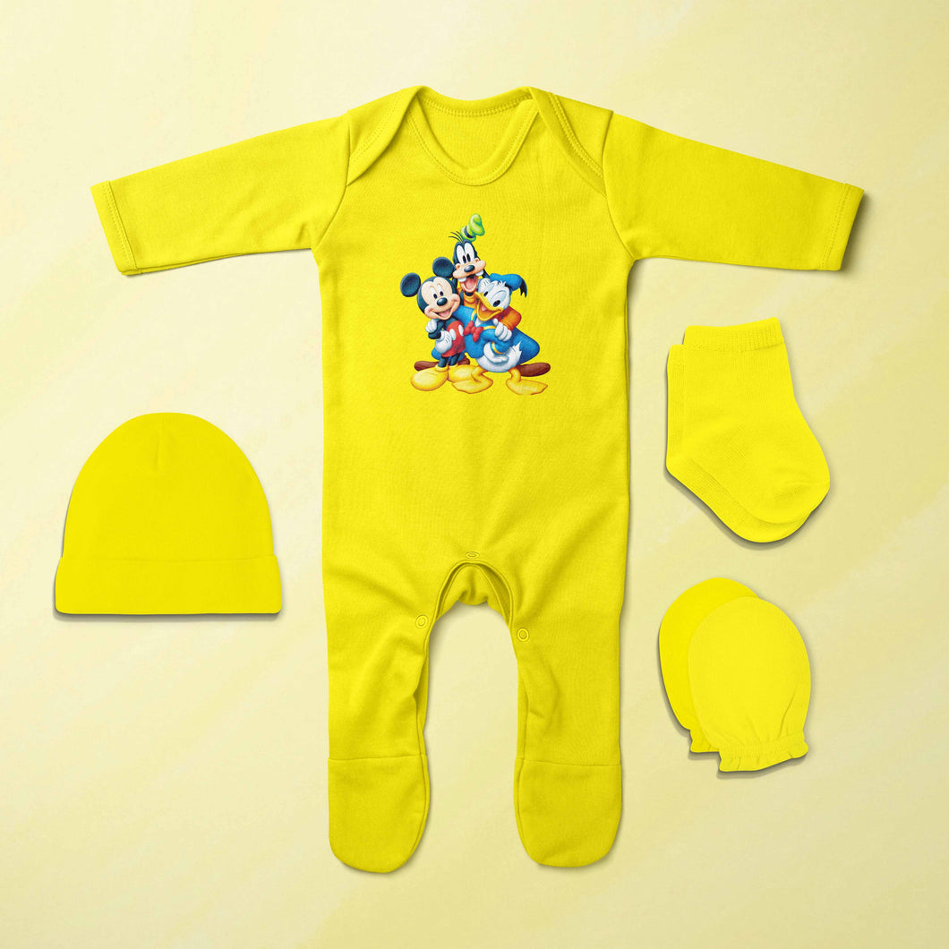 Friends Cartoon Jumpsuit with Cap, Mittens and Booties Romper Set for Baby Girl - KidsFashionVilla
