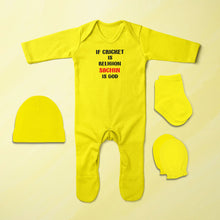 Load image into Gallery viewer, If Cricket Is Religion Sachin Is God Cricket Quotes Jumpsuit with Cap, Mittens and Booties Romper Set for Baby Boy - KidsFashionVilla

