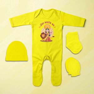 Jai Mata Di Navratri Jumpsuit with Cap, Mittens and Booties Romper Set for Baby Boy - KidsFashionVilla
