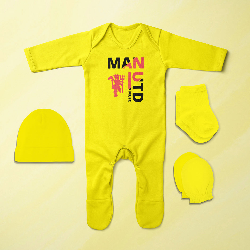 Manchester United Logo Jumpsuit with Cap, Mittens and Booties Romper Set for Baby Boy - KidsFashionVilla