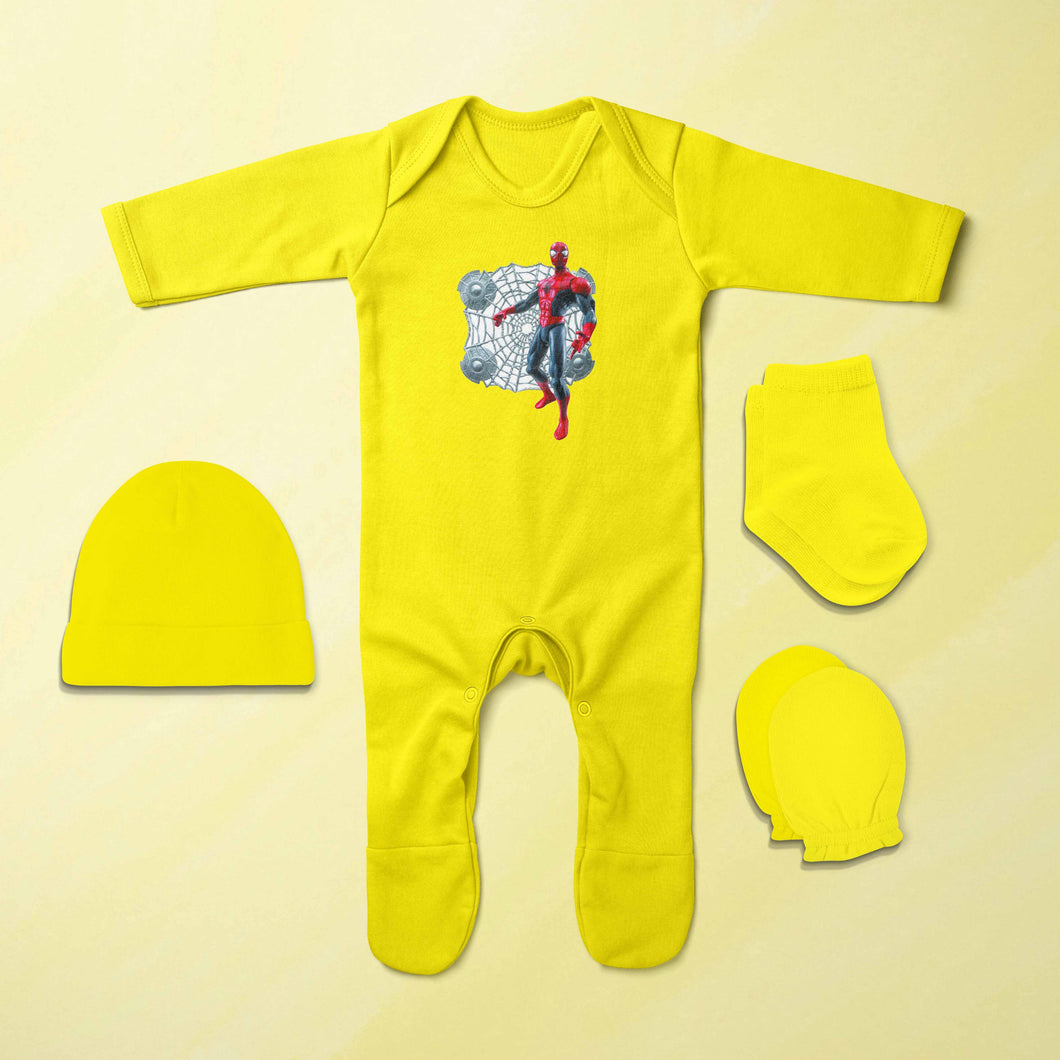 Superhero Cartoon Jumpsuit with Cap, Mittens and Booties Romper Set for Baby Boy - KidsFashionVilla