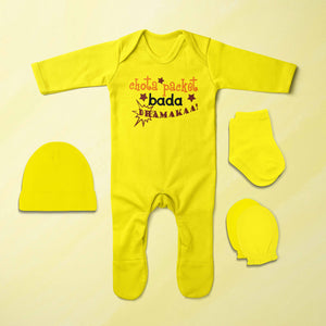 Chota Packet Diwali Jumpsuit with Cap, Mittens and Booties Romper Set for Baby Girl - KidsFashionVilla