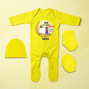 Custom Name Eid Al Adha Bakra Eid Mubarak Jumpsuit with Cap, Mittens and Booties Romper Set for Baby Girl - KidsFashionVilla