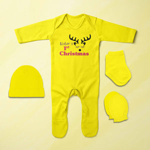 Custom Name First Christmas Jumpsuit with Cap, Mittens and Booties Romper Set for Baby Boy - KidsFashionVilla