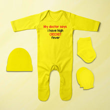 Load image into Gallery viewer, My Doctor Says I Have High Cricket Fever Cricket Quotes Jumpsuit with Cap, Mittens and Booties Romper Set for Baby Boy - KidsFashionVilla
