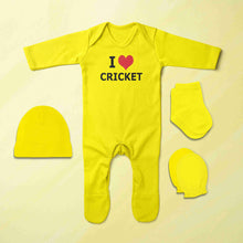 Load image into Gallery viewer, I Love Cricket Jumpsuit with Cap, Mittens and Booties Romper Set for Baby Boy - KidsFashionVilla
