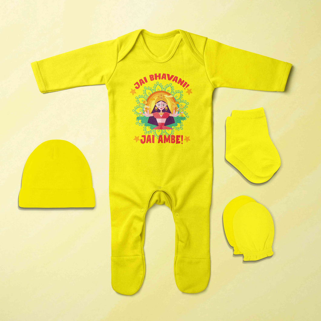 Jai Bhavani Jai Ambe Navratri Jumpsuit with Cap, Mittens and Booties Romper Set for Baby Boy - KidsFashionVilla