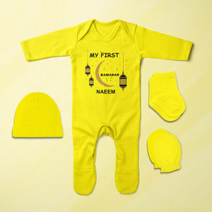 Custom Name My First Ramadan Jumpsuit with Cap, Mittens and Booties Romper Set for Baby Boy - KidsFashionVilla