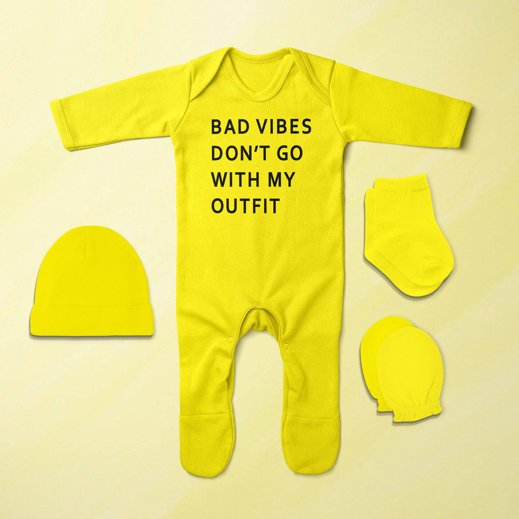 Bad Vibes Minimal Jumpsuit with Cap, Mittens and Booties Romper Set for Baby Boy - KidsFashionVilla