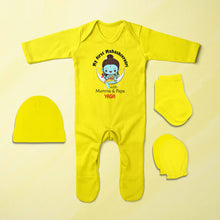 Load image into Gallery viewer, Custom Name Mahashivratri With Mumma &amp; Papa Jumpsuit with Cap, Mittens and Booties Romper Set for Baby Boy - KidsFashionVilla
