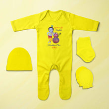 Load image into Gallery viewer, Yashoda Ka Nandlala Maakhan Chor Janmashtami Jumpsuit with Cap, Mittens and Booties Romper Set for Baby Boy - KidsFashionVilla
