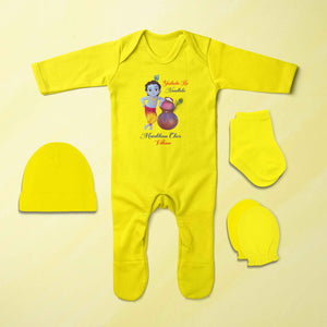 Yashoda Ka Nandlala Maakhan Chor Janmashtami Jumpsuit with Cap, Mittens and Booties Romper Set for Baby Boy - KidsFashionVilla
