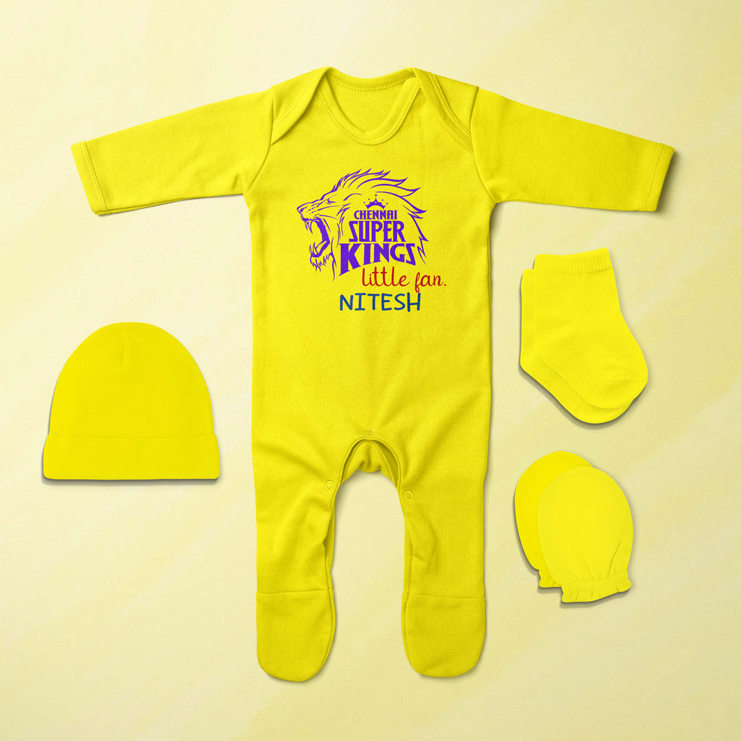 Custom Name IPL CSK Chennai Super Kings Little Fan Jumpsuit with Cap, Mittens and Booties Romper Set for Baby Boy - KidsFashionVilla