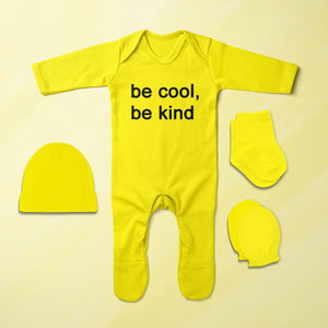 Be Cool Be Kind Minimal Jumpsuit with Cap, Mittens and Booties Romper Set for Baby Boy - KidsFashionVilla