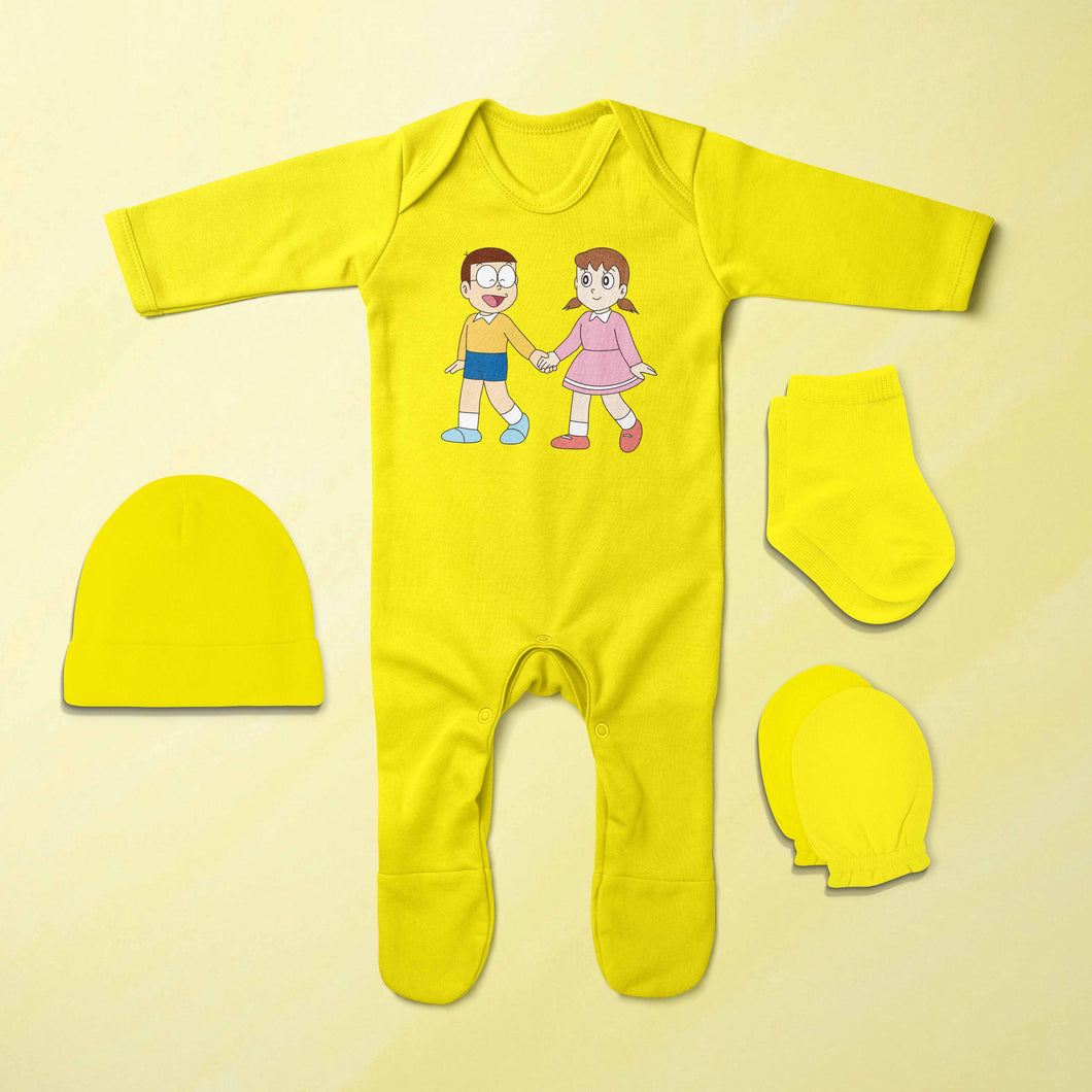 Best Friends Cartoon Jumpsuit with Cap, Mittens and Booties Romper Set for Baby Boy - KidsFashionVilla