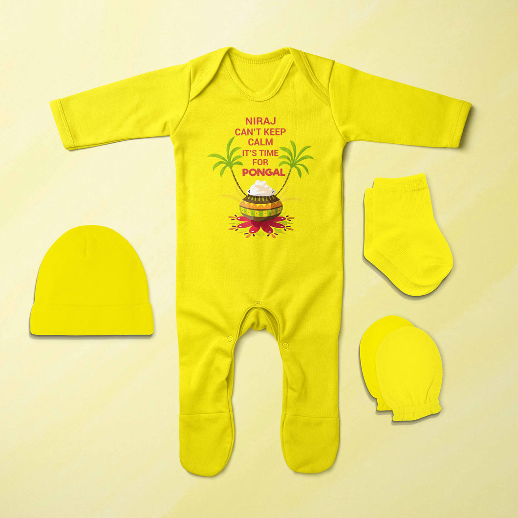 Custom Name Cant Keep Calm Its Time For Pongal Jumpsuit with Cap, Mittens and Booties Romper Set for Baby Boy - KidsFashionVilla