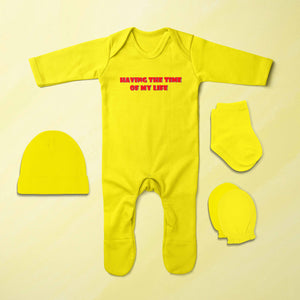 Having The Time Of My Life Minimal Jumpsuit with Cap, Mittens and Booties Romper Set for Baby Boy - KidsFashionVilla