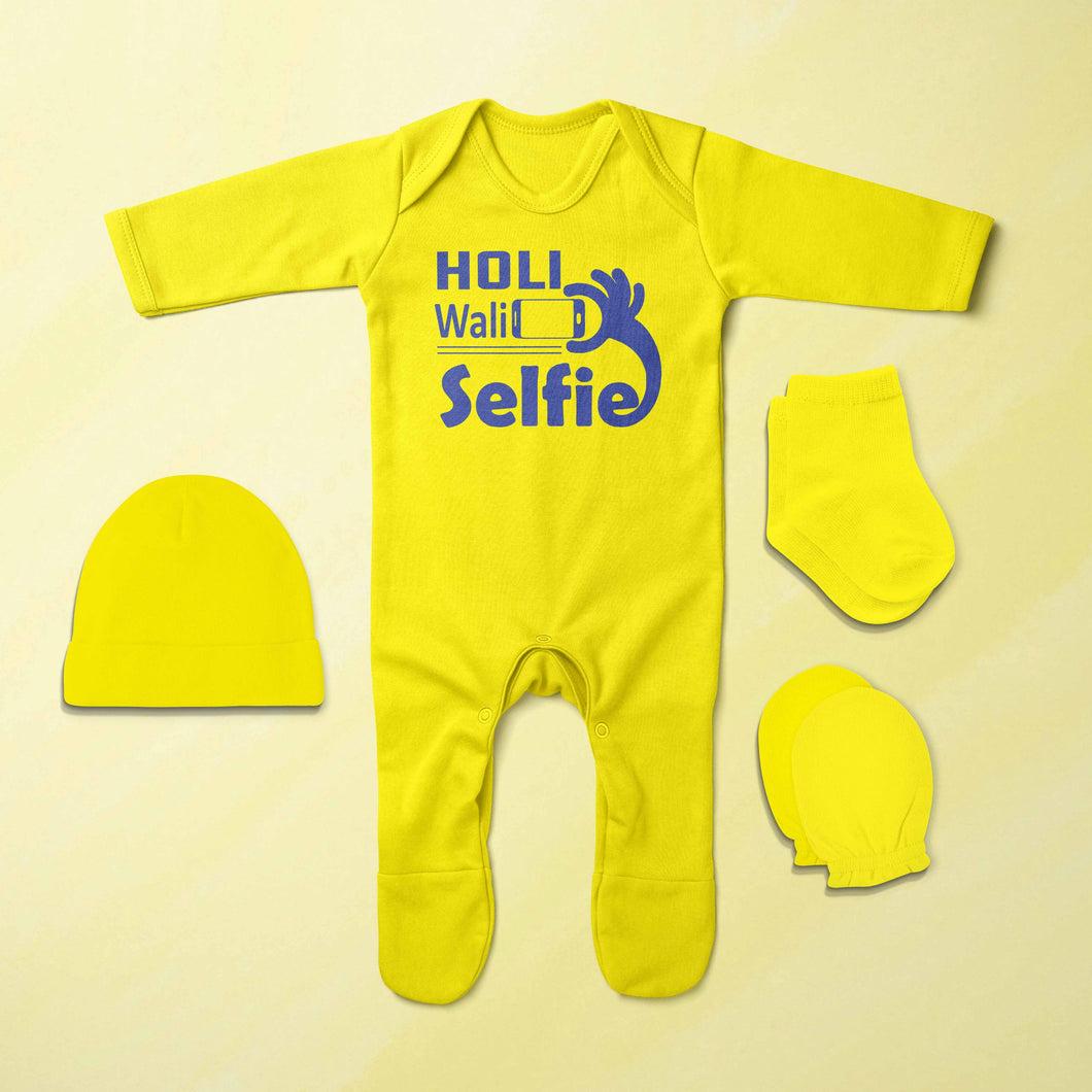 Holi Wali Selfie Holi Jumpsuit with Cap, Mittens and Booties Romper Set for Baby Boy - KidsFashionVilla