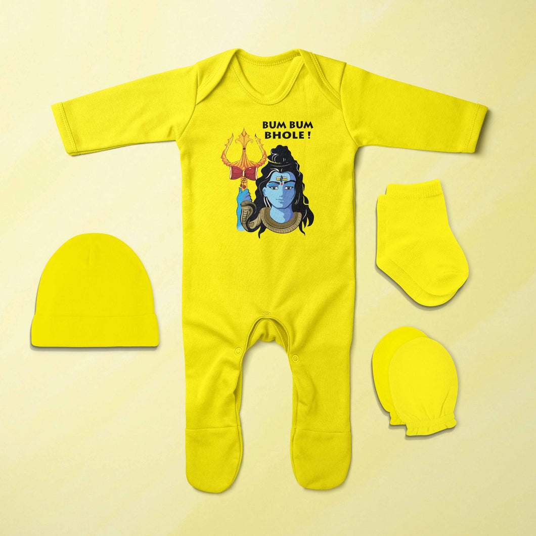 Bum Bum Bhole Mahashivratri Jumpsuit with Cap, Mittens and Booties Romper Set for Baby Boy - KidsFashionVilla