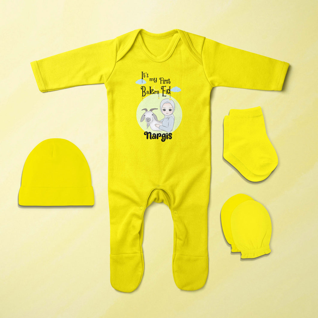 Custom Name Its My First Bakra Eid Jumpsuit with Cap, Mittens and Booties Romper Set for Baby Girl - KidsFashionVilla