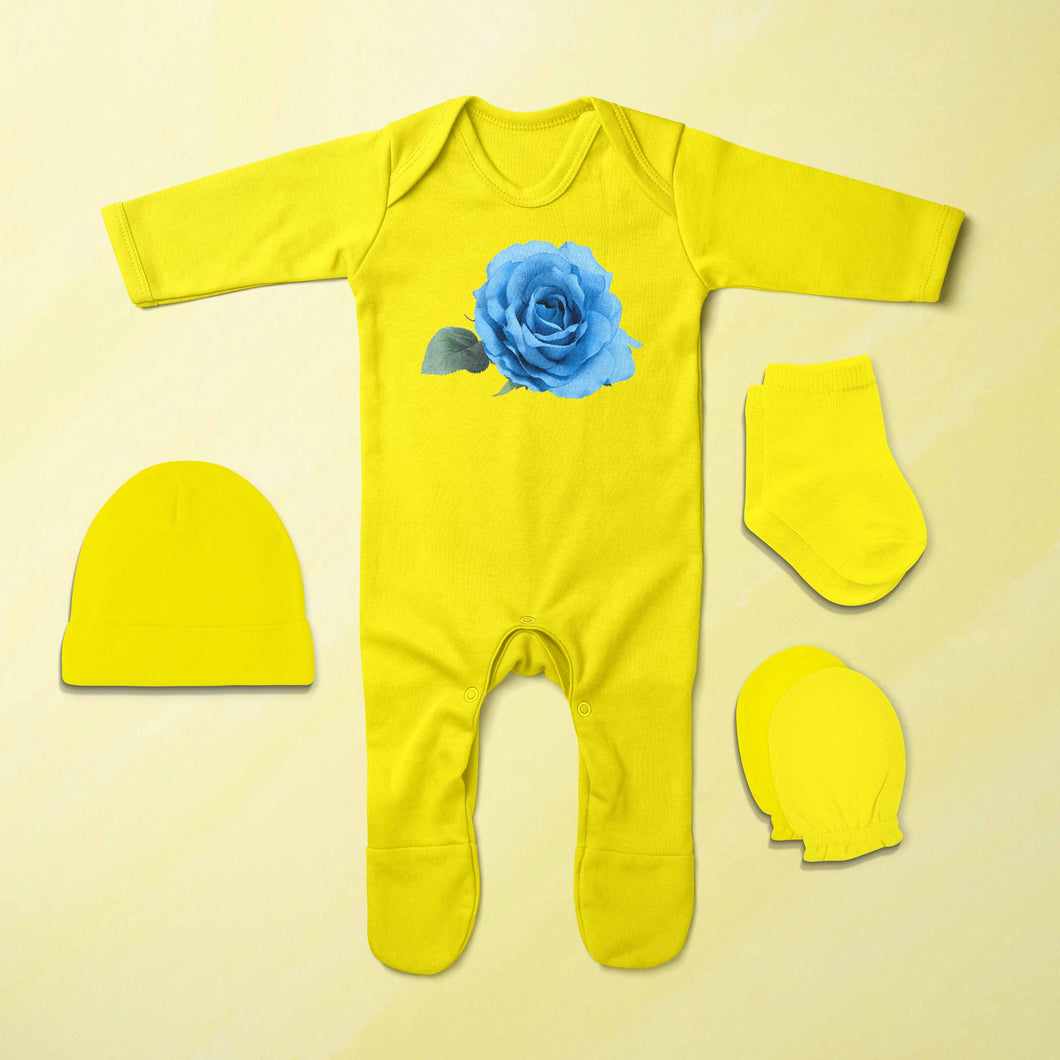 Blue Rose Minimal Jumpsuit with Cap, Mittens and Booties Romper Set for Baby Boy - KidsFashionVilla