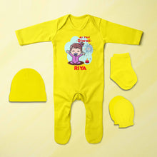 Load image into Gallery viewer, Custom Name My First Diwali Jumpsuit with Cap, Mittens and Booties Romper Set for Baby Girl - KidsFashionVilla

