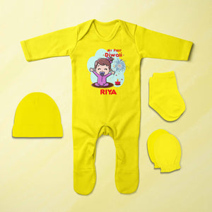 Custom Name My First Diwali Jumpsuit with Cap, Mittens and Booties Romper Set for Baby Girl - KidsFashionVilla