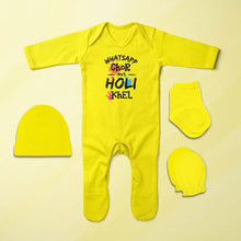 Load image into Gallery viewer, Whatsapp Chor Aur Holi Khel Family Holi Jumpsuit with Cap, Mittens and Booties Romper Set for Baby Boy - KidsFashionVilla
