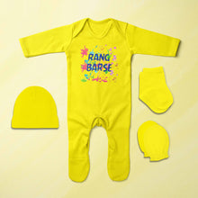 Load image into Gallery viewer, Rang Barse Matching Family Holi Jumpsuit with Cap, Mittens and Booties Romper Set for Baby Boy - KidsFashionVilla
