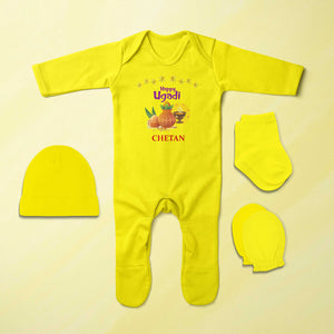 Custom Name Happy Ugadi Jumpsuit with Cap, Mittens and Booties Romper Set for Baby Boy - KidsFashionVilla