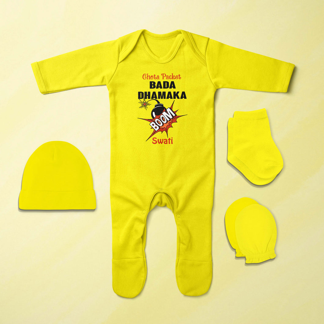 Custom Name Chota Packet Bada Dhamaka Diwali Jumpsuit with Cap, Mittens and Booties Romper Set for Baby Girl - KidsFashionVilla