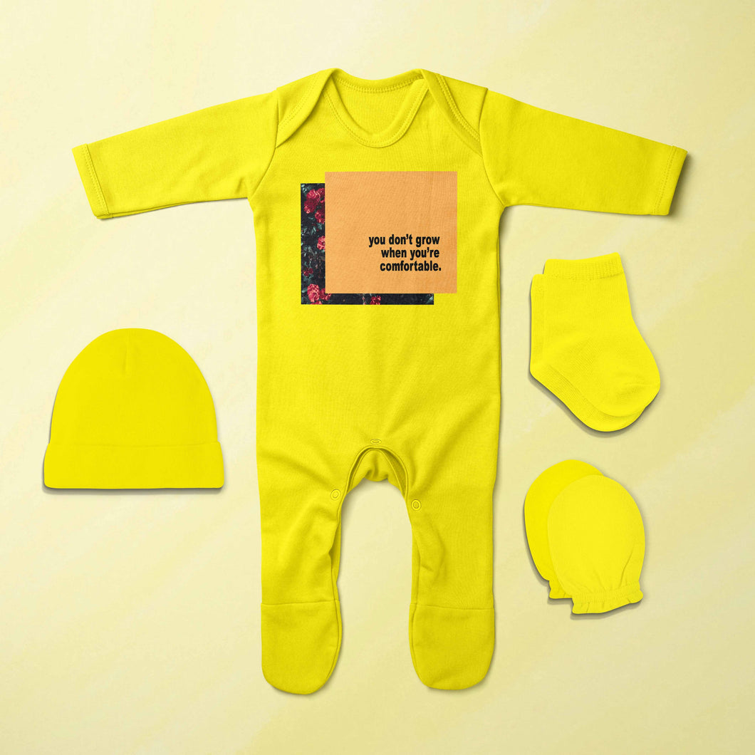 You Dont Grow Minimal Jumpsuit with Cap, Mittens and Booties Romper Set for Baby Boy - KidsFashionVilla