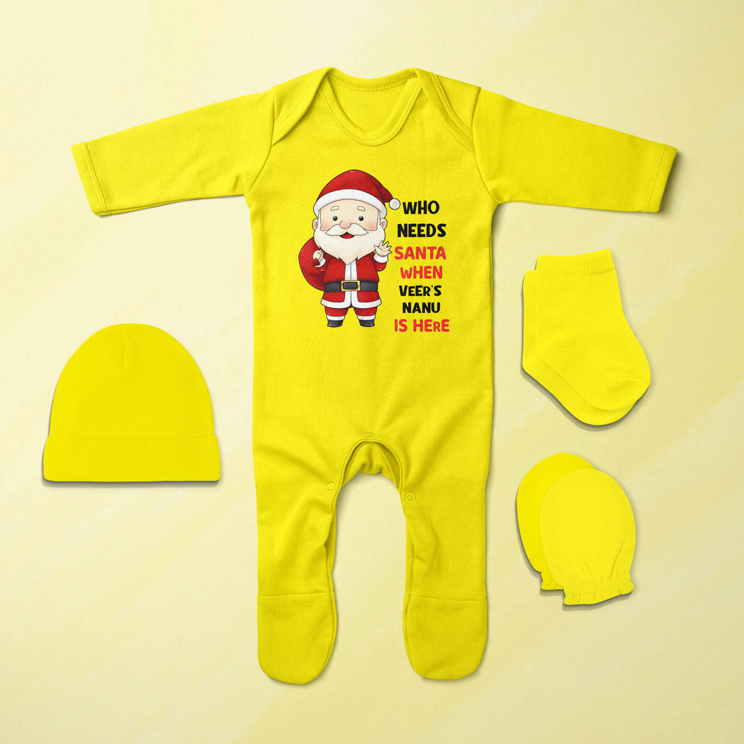 Customized Name Santa Nanu Is Here Christmas Jumpsuit with Cap, Mittens and Booties Romper Set for Baby Boy - KidsFashionVilla