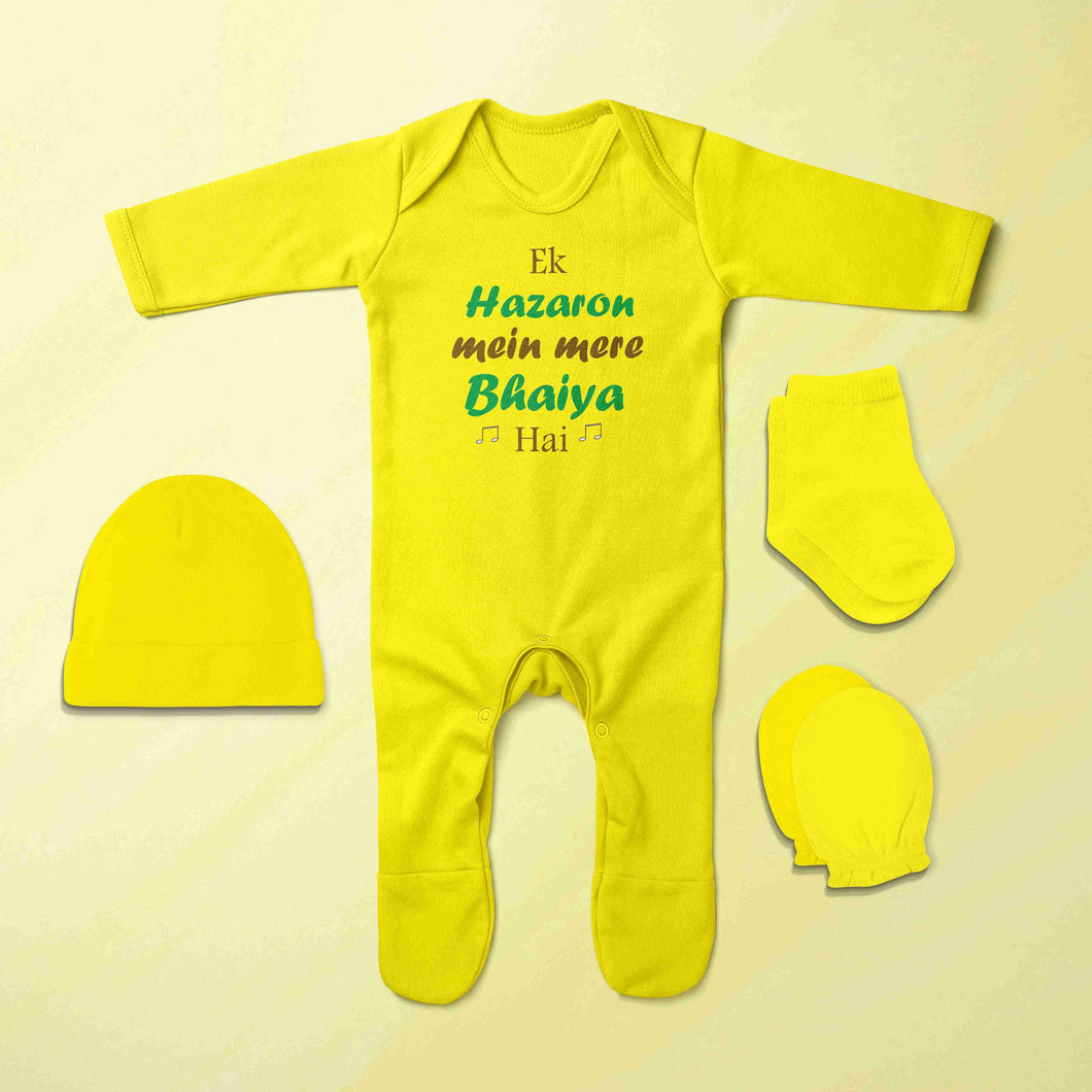 Ek Hazora Mai Mera Bhaiya Hai Jumpsuit with Cap, Mittens and Booties Romper Set for Baby Boy - KidsFashionVilla