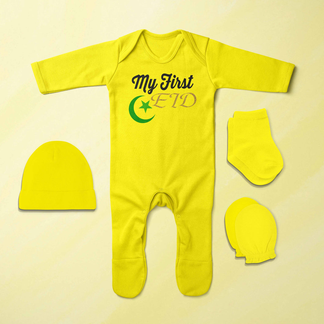 My 1st Eid Jumpsuit with Cap, Mittens and Booties Romper Set for Baby Boy - KidsFashionVilla