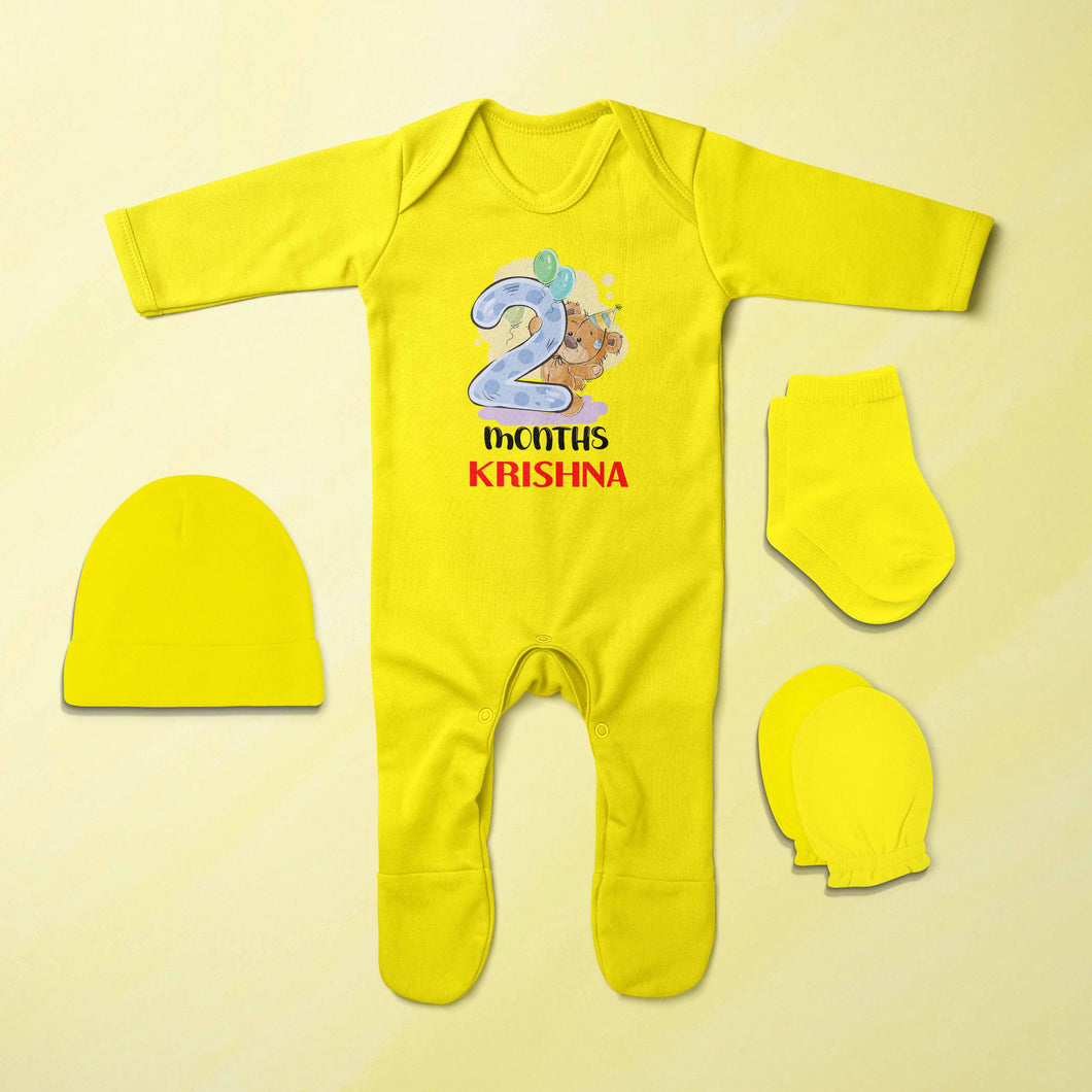 2 Month Birthday Teddy Design Jumpsuit with Cap, Mittens and Booties Romper Set for Baby Boy - KidsFashionVilla