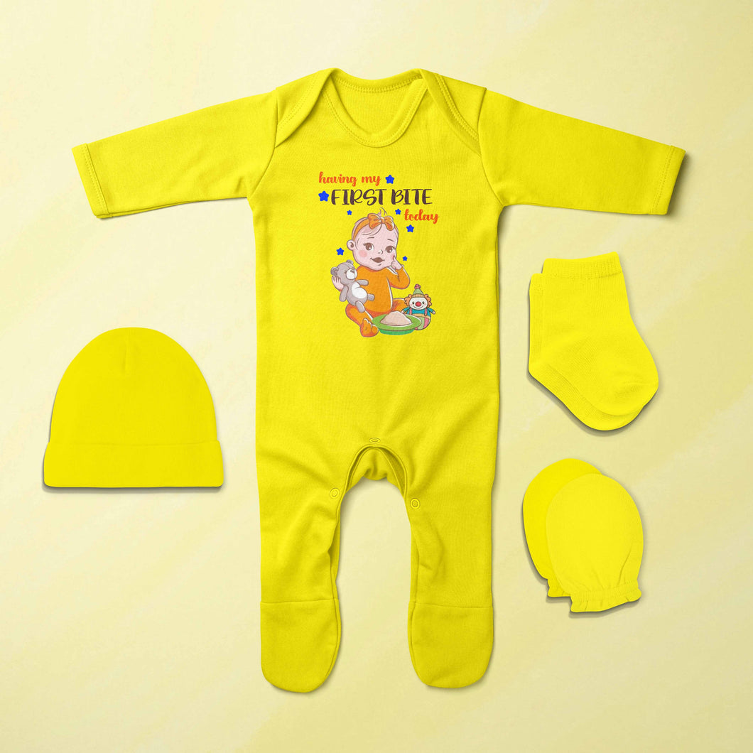 First Bites Baby Food Jumpsuit with Cap, Mittens and Booties Romper Set for Baby Boy - KidsFashionVilla