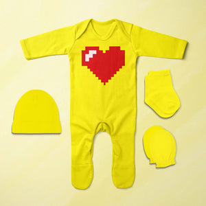 8 Bit Heart Minimal Jumpsuit with Cap, Mittens and Booties Romper Set for Baby Girl - KidsFashionVilla