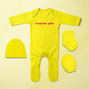 Excuse You Minimal Jumpsuit with Cap, Mittens and Booties Romper Set for Baby Boy - KidsFashionVilla