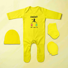 Load image into Gallery viewer, Cricket Is Calling Cricket Quotes Jumpsuit with Cap, Mittens and Booties Romper Set for Baby Boy - KidsFashionVilla
