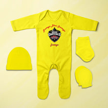 Load image into Gallery viewer, IPL Delhi Capitals Jeetega Bhai Jeetega DC Jeetega Jumpsuit with Cap, Mittens and Booties Romper Set for Baby Boy - KidsFashionVilla
