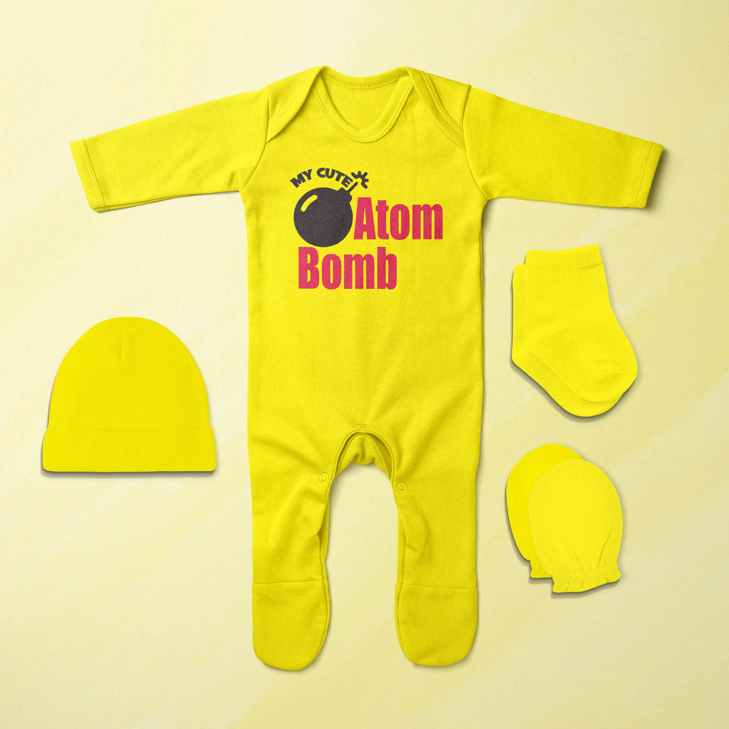 My Cute Atom Bomb Diwali Jumpsuit with Cap, Mittens and Booties Romper Set for Baby Boy - KidsFashionVilla