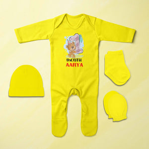 Custom Name 1 Month Birthday Teddy Design Jumpsuit with Cap, Mittens and Booties Romper Set for Baby Girl - KidsFashionVilla